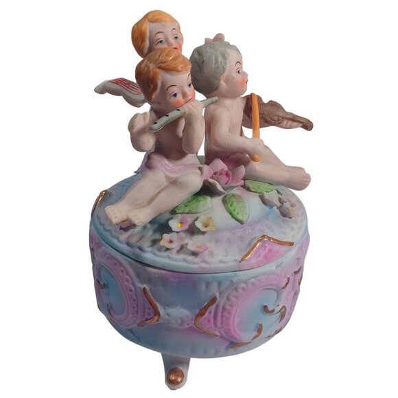 Vintage Norleans Footed Cherub Musi Porcelain Bisque Jewelry Trinket Dresser Box - Picture 10 of 13